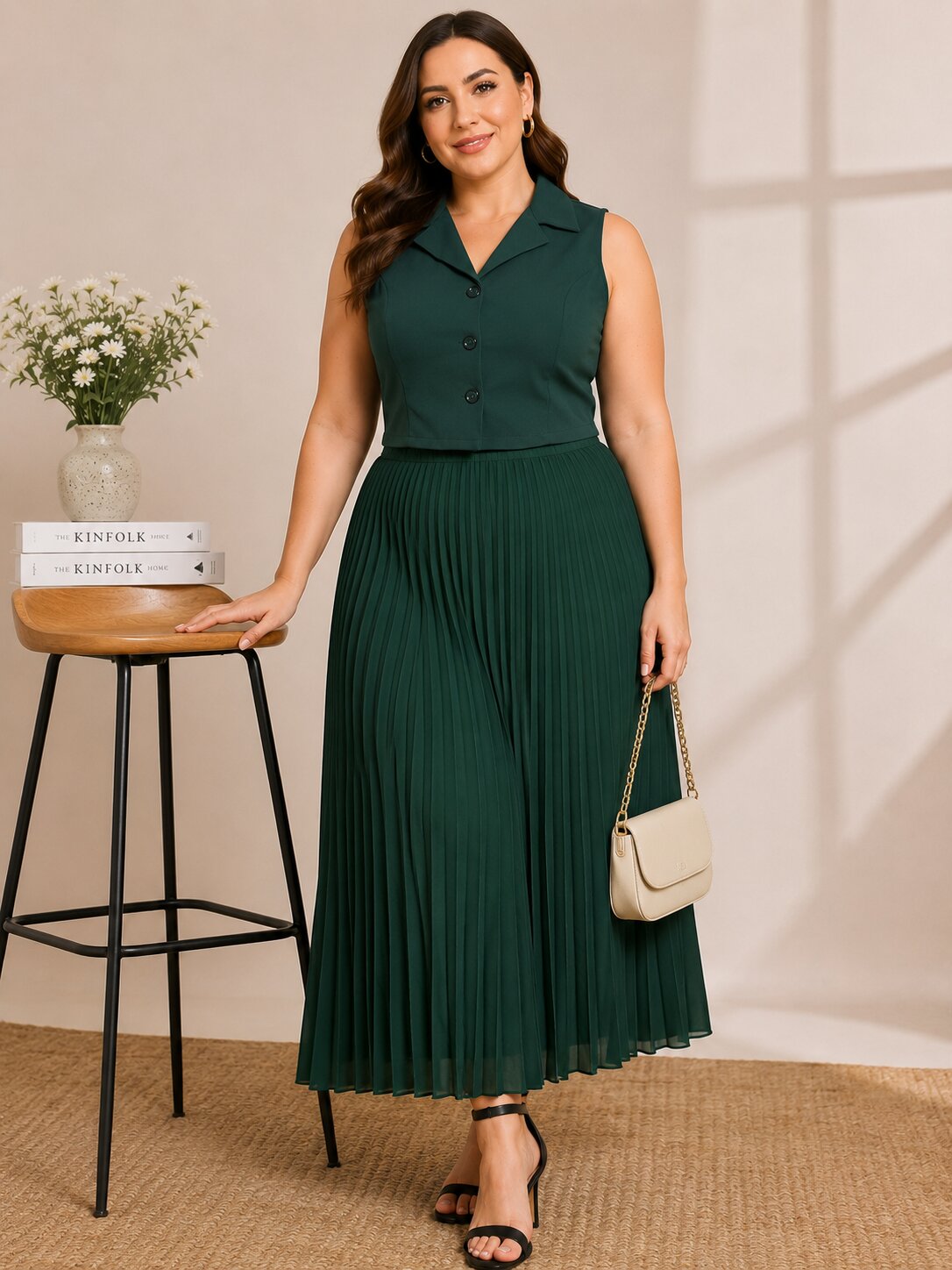 U&F Beyond Dark Green Sleeveless Crop Top with Pleated Maxi Skirt Plus Size Co-Ord Set