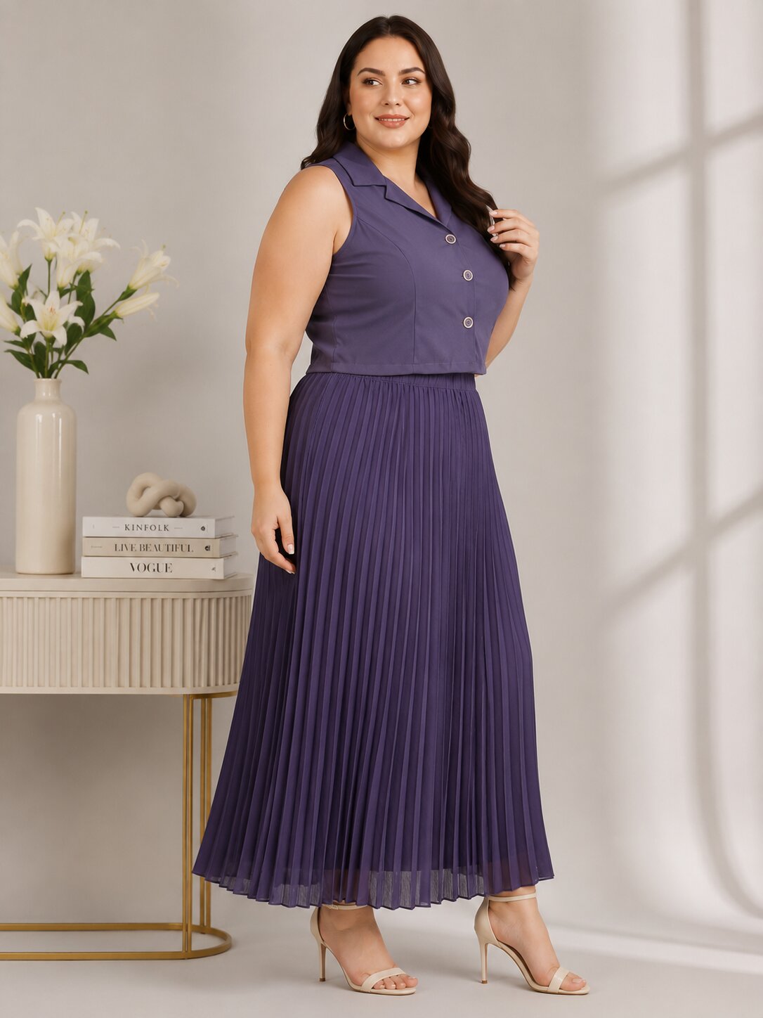 U&F Beyond Purple Sleeveless Crop Top with Pleated Maxi Skirt Plus Size Co-Ord Set