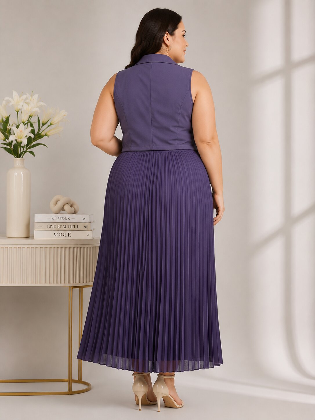 U&F Beyond Purple Sleeveless Crop Top with Pleated Maxi Skirt Plus Size Co-Ord Set