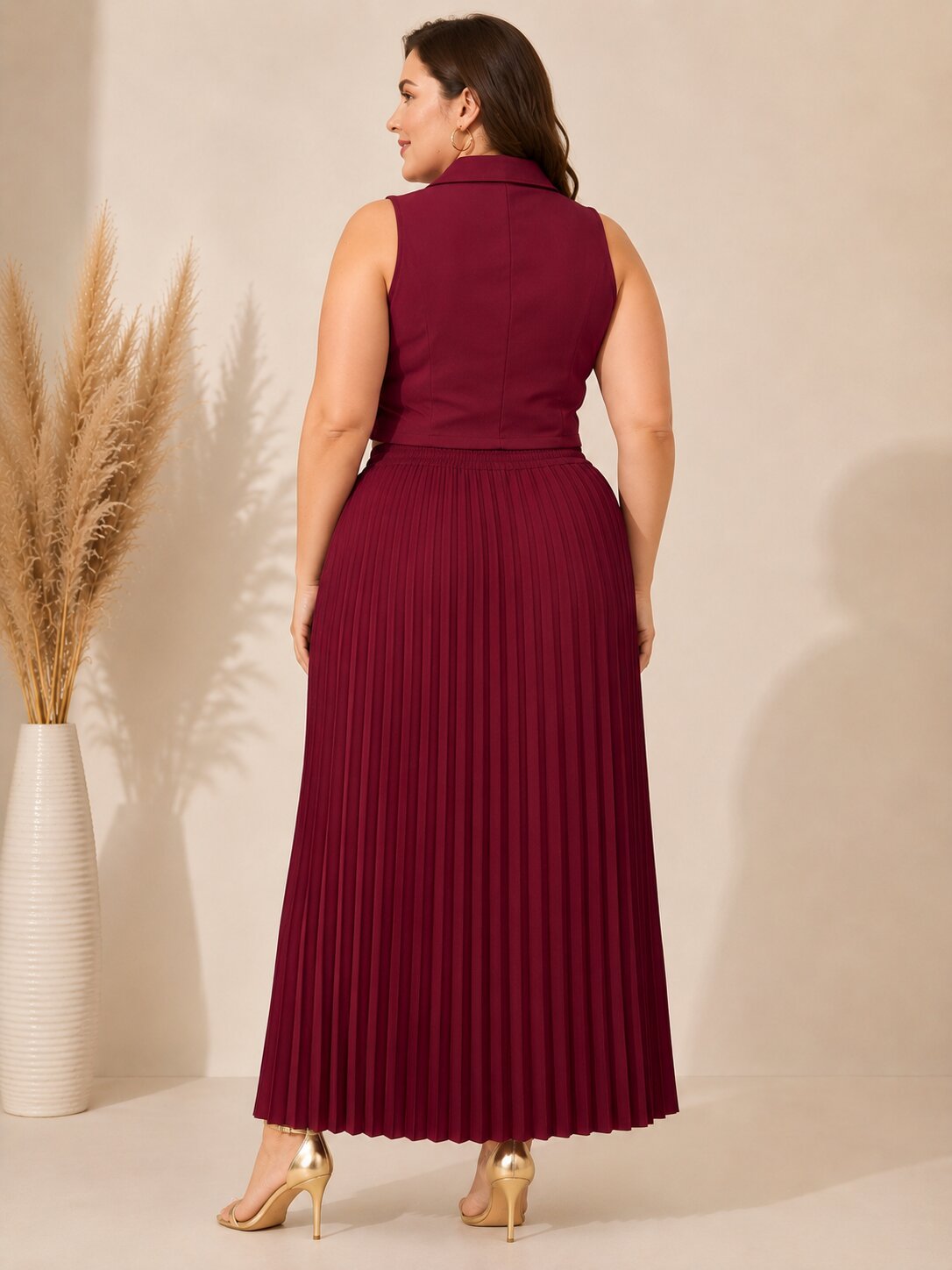 U&F Beyond Maroon Sleeveless Crop Top with Pleated Maxi Skirt Plus Size Co-Ord Set