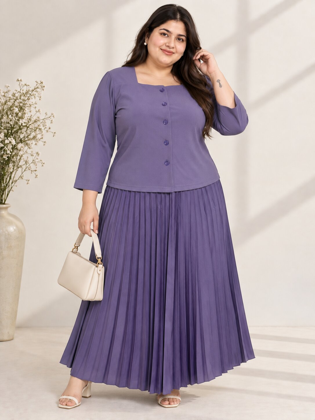 U&F Beyond Plus Size Purple Solid Square Neck Button-Front Pleated Co-ord Set