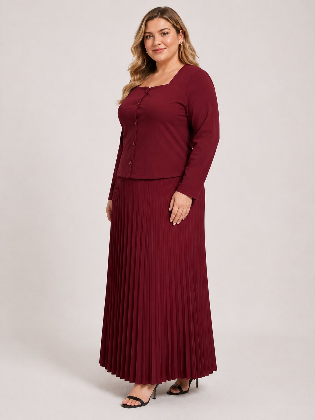 U&F Beyond Plus Size Maroon Pleated Elegance Co-ord Set