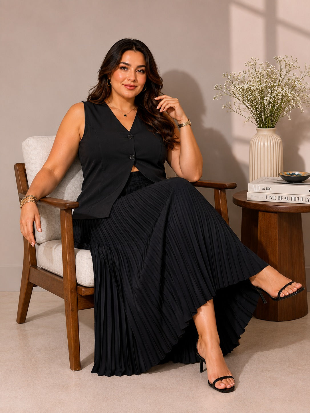 U&F Beyond Plus Size Noir Pleated Elegance Co-Ord Set
