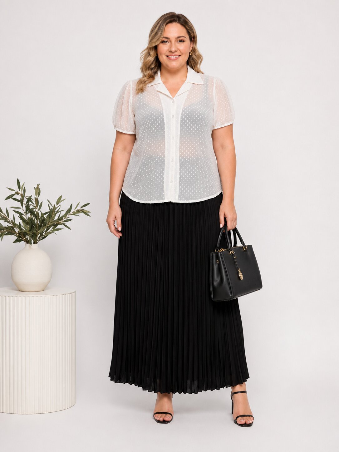 U&F Beyond Plus Size White Swiss Dot Sheer Shirt Top with Pleated Maxi Skirt Co-Ord Set