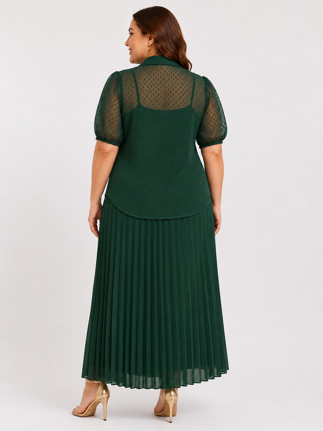 U&F Beyond Plus Size Emerald Green Swiss Dot Sheer Shirt Top with Pleated Maxi Skirt Co-Ord Set