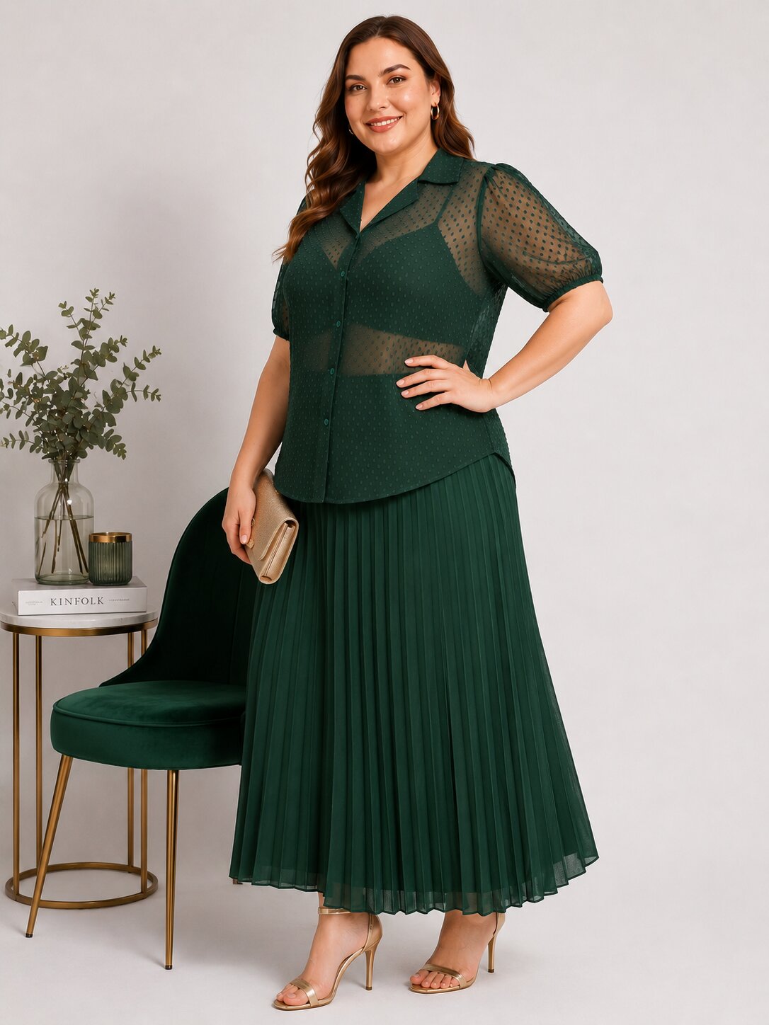 U&F Beyond Plus Size Emerald Green Swiss Dot Sheer Shirt Top with Pleated Maxi Skirt Co-Ord Set