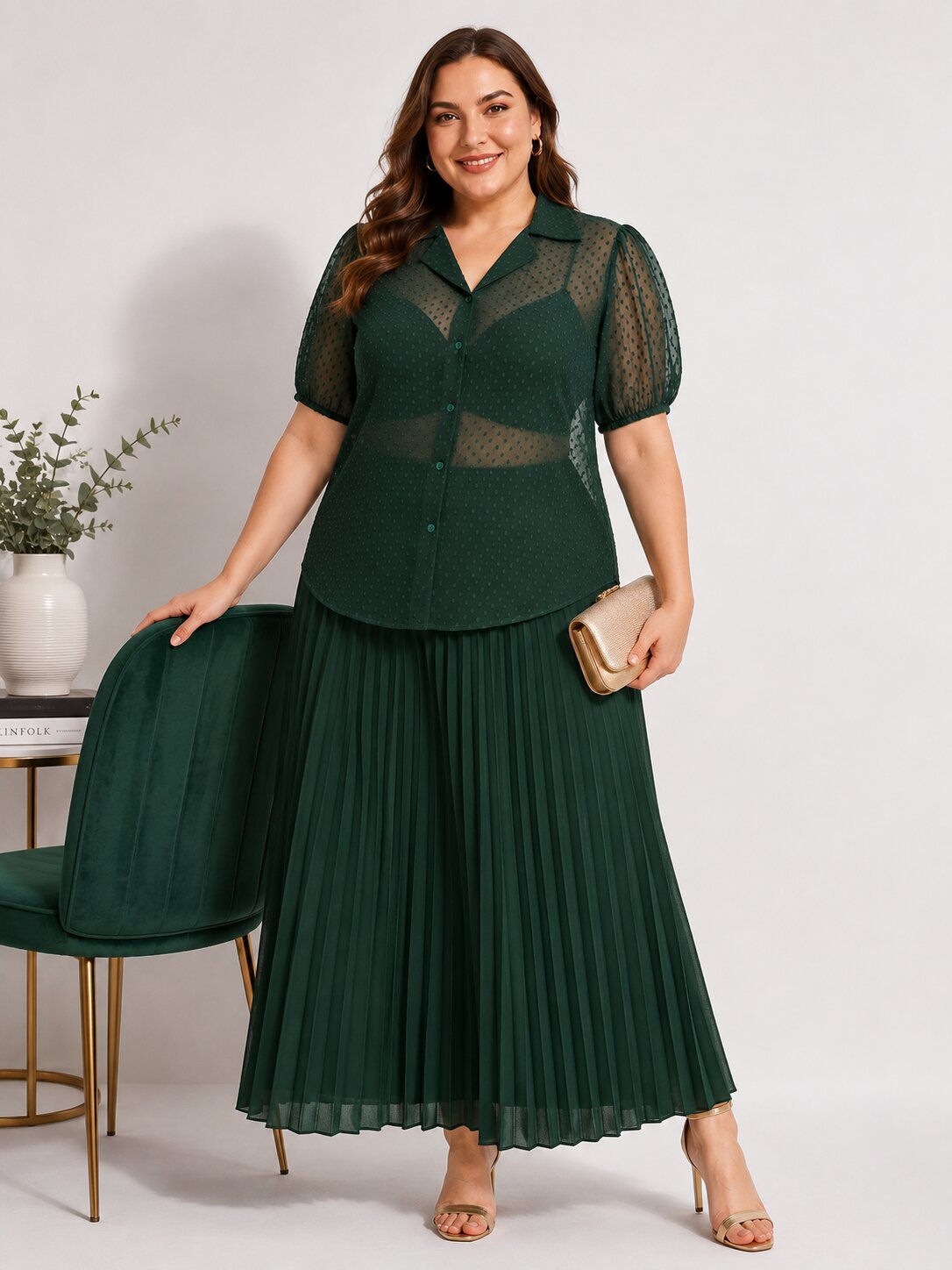 U&F Beyond Plus Size Emerald Green Swiss Dot Sheer Shirt Top with Pleated Maxi Skirt Co-Ord Set