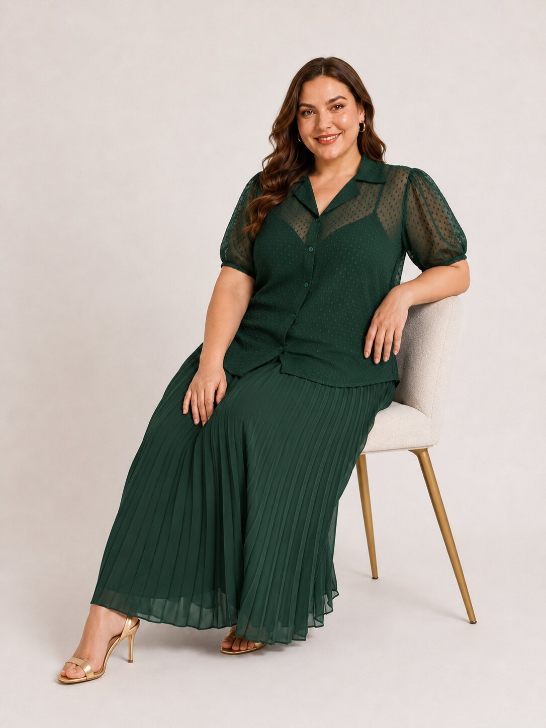 U&F Beyond Plus Size Emerald Green Swiss Dot Sheer Shirt Top with Pleated Maxi Skirt Co-Ord Set