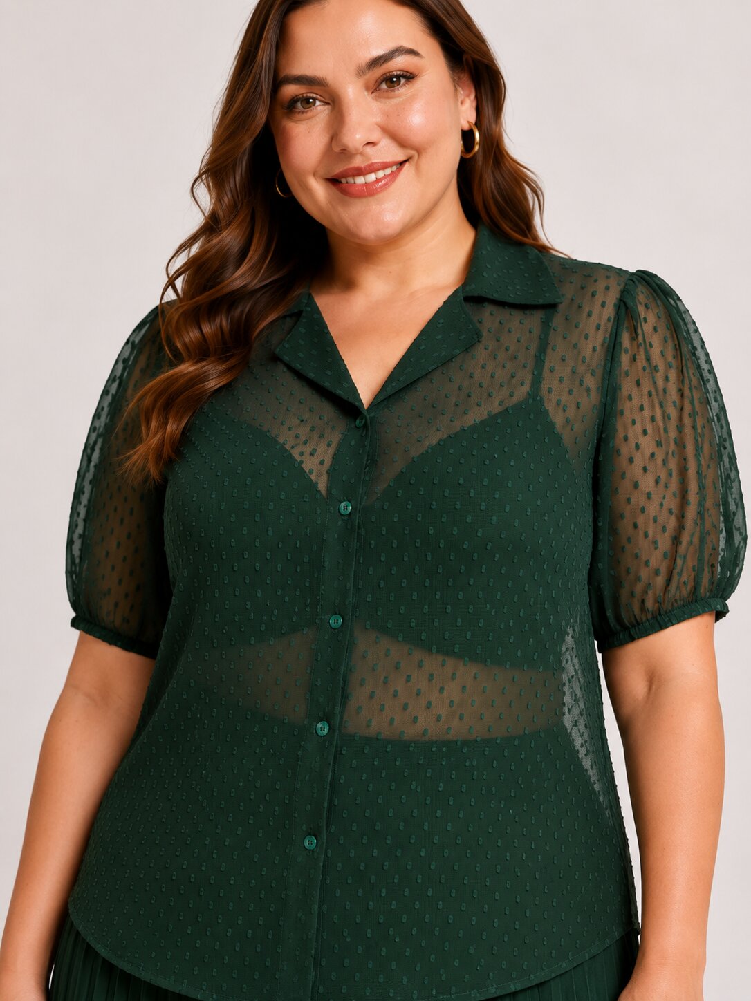 U&F Beyond Plus Size Emerald Green Swiss Dot Sheer Shirt Top with Pleated Maxi Skirt Co-Ord Set