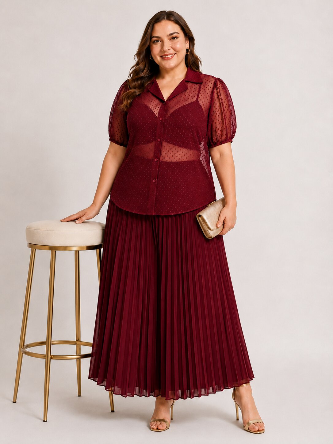 U&F Beyond Plus Size Maroon Swiss Dot Sheer Shirt Top with Pleated Maxi Skirt Co-Ord Set