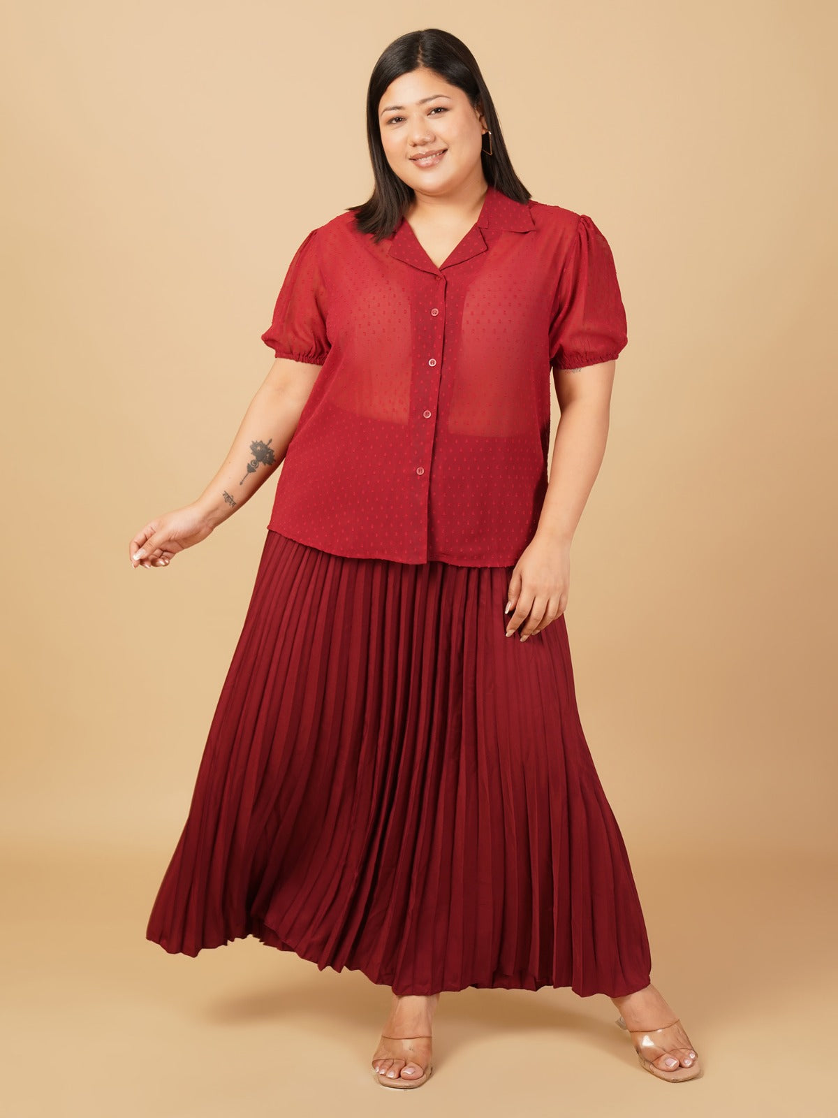 U&F Beyond Plus Size Maroon Swiss Dot Sheer Shirt Top with Pleated Maxi Skirt Co-Ord Set