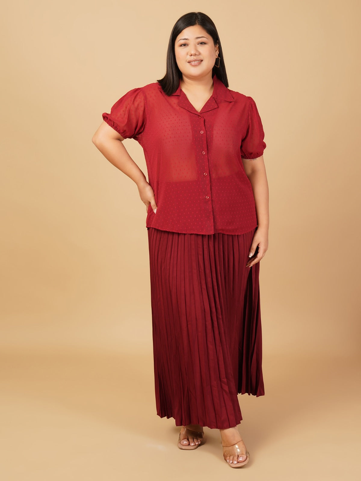 U&F Beyond Plus Size Maroon Swiss Dot Sheer Shirt Top with Pleated Maxi Skirt Co-Ord Set