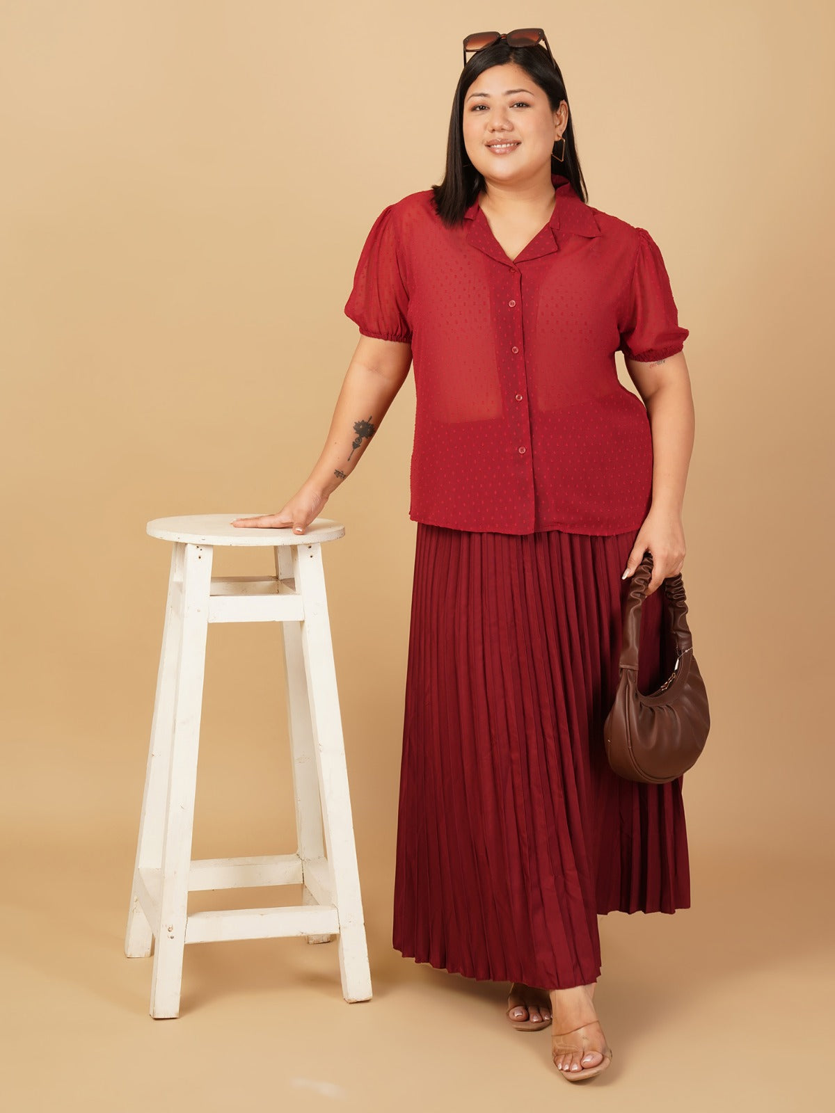U&F Beyond Plus Size Maroon Swiss Dot Sheer Shirt Top with Pleated Maxi Skirt Co-Ord Set