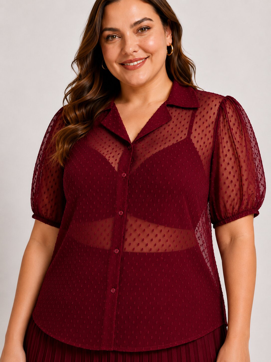 U&F Beyond Plus Size Maroon Swiss Dot Sheer Shirt Top with Pleated Maxi Skirt Co-Ord Set