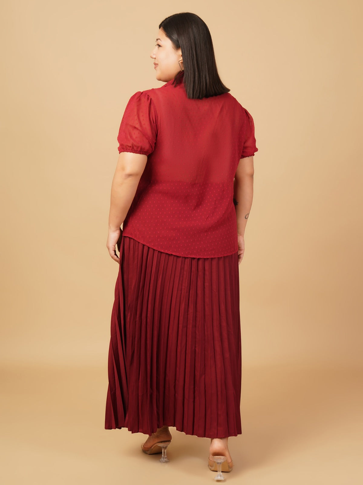 U&F Beyond Plus Size Maroon Swiss Dot Sheer Shirt Top with Pleated Maxi Skirt Co-Ord Set