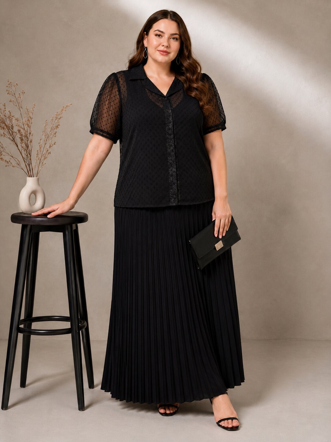 U&amp;F Beyond Plus Size Black Swiss Dot Sheer Shirt Top with Pleated Maxi Skirt Co-Ord Set