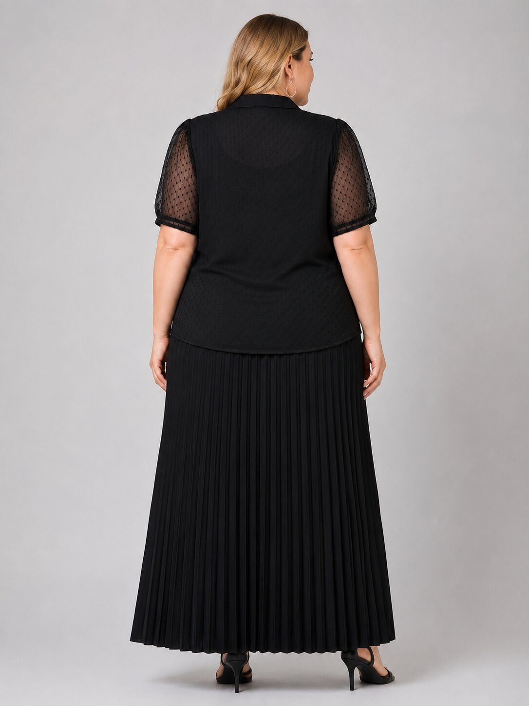 U&amp;F Beyond Plus Size Black Swiss Dot Sheer Shirt Top with Pleated Maxi Skirt Co-Ord Set