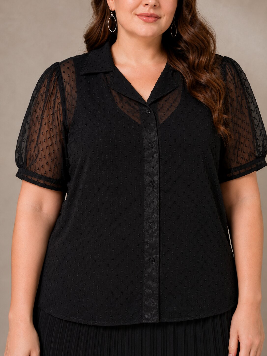 U&amp;F Beyond Plus Size Black Swiss Dot Sheer Shirt Top with Pleated Maxi Skirt Co-Ord Set
