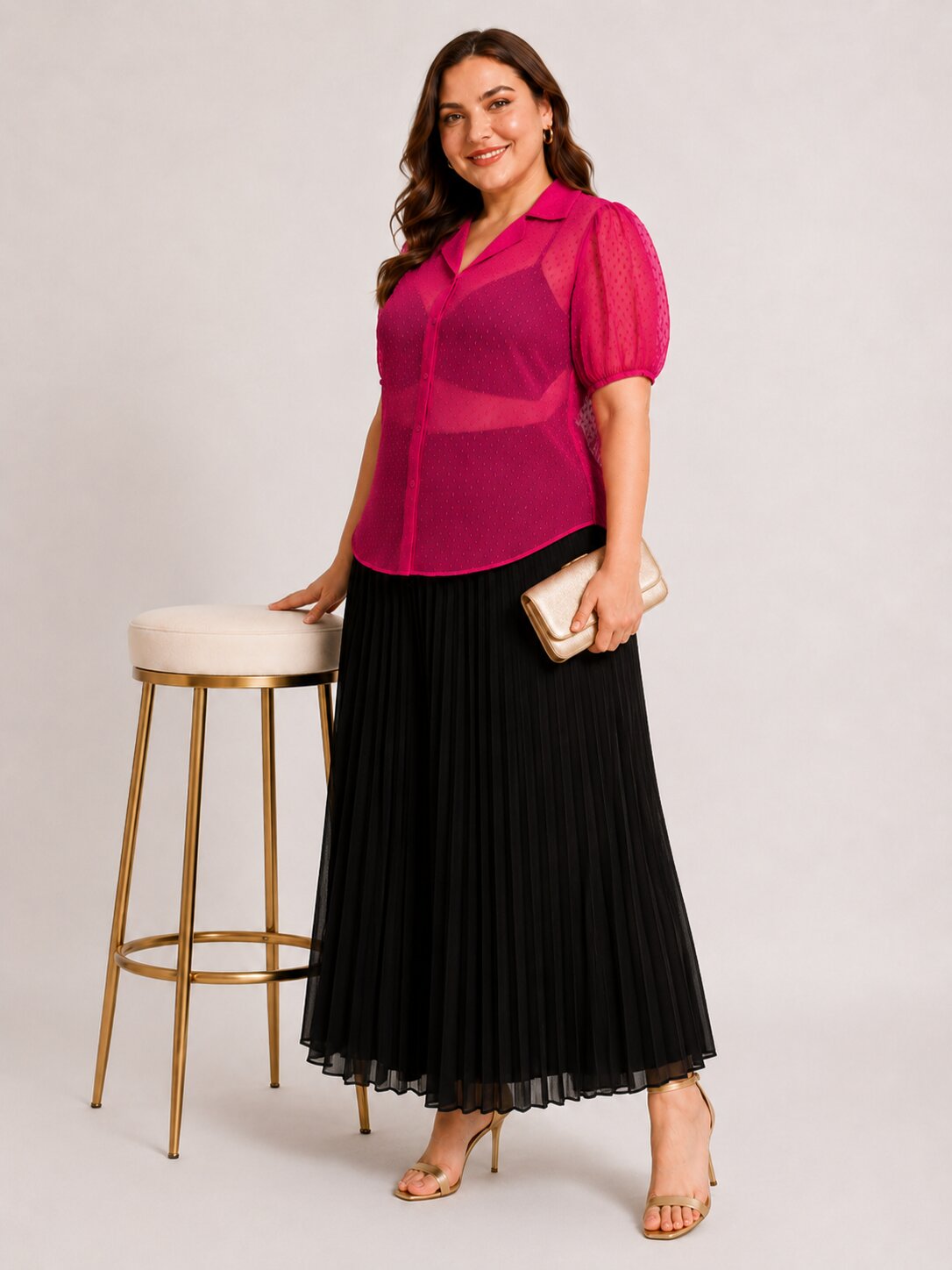 U&F Beyond Plus Size Magenta Swiss Dot Sheer Shirt Top with Pleated Maxi Skirt Co-Ord Set