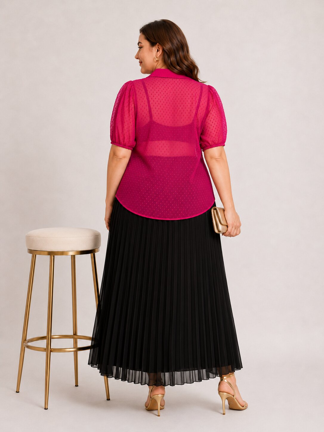 U&F Beyond Plus Size Magenta Swiss Dot Sheer Shirt Top with Pleated Maxi Skirt Co-Ord Set