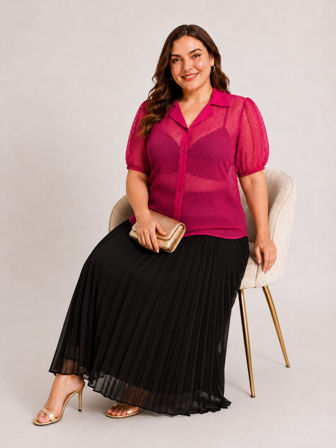 U&F Beyond Plus Size Magenta Swiss Dot Sheer Shirt Top with Pleated Maxi Skirt Co-Ord Set