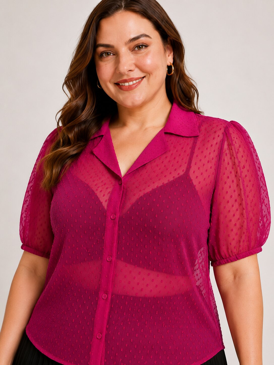 U&F Beyond Plus Size Magenta Swiss Dot Sheer Shirt Top with Pleated Maxi Skirt Co-Ord Set
