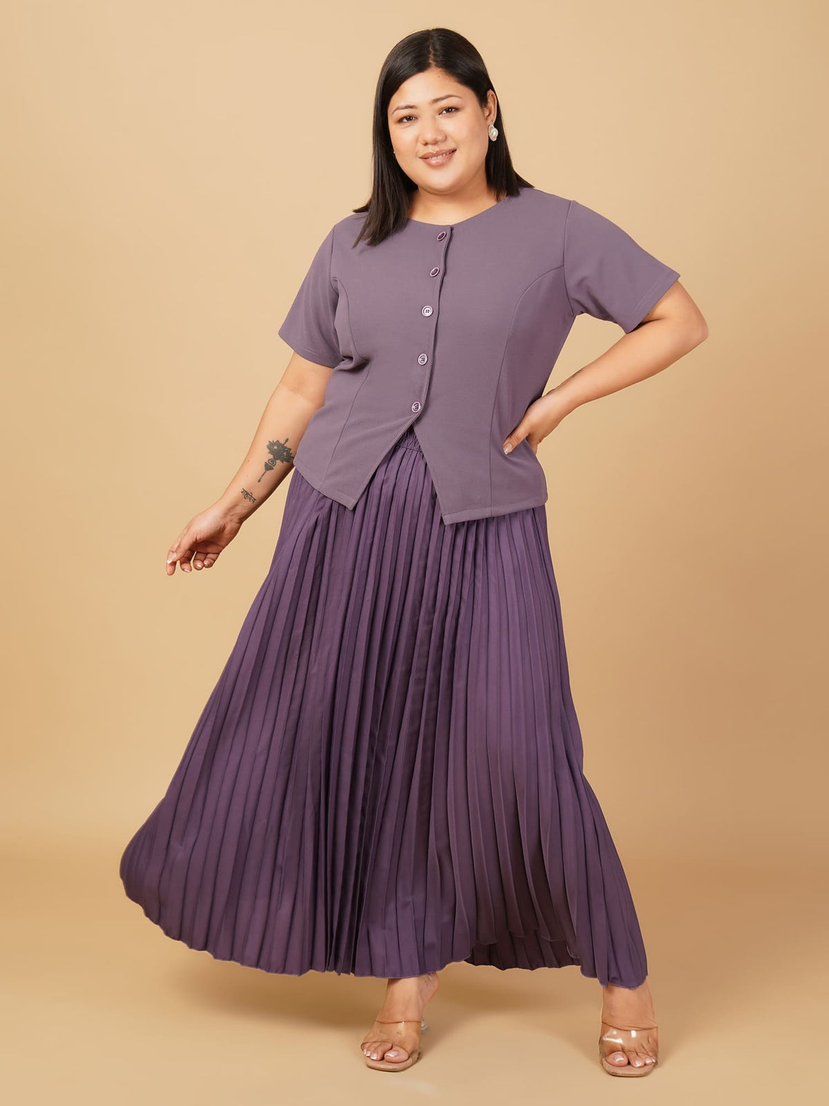 U&F Beyond Plus Size Purple Elegant Pleated Skirt Co-ord Set