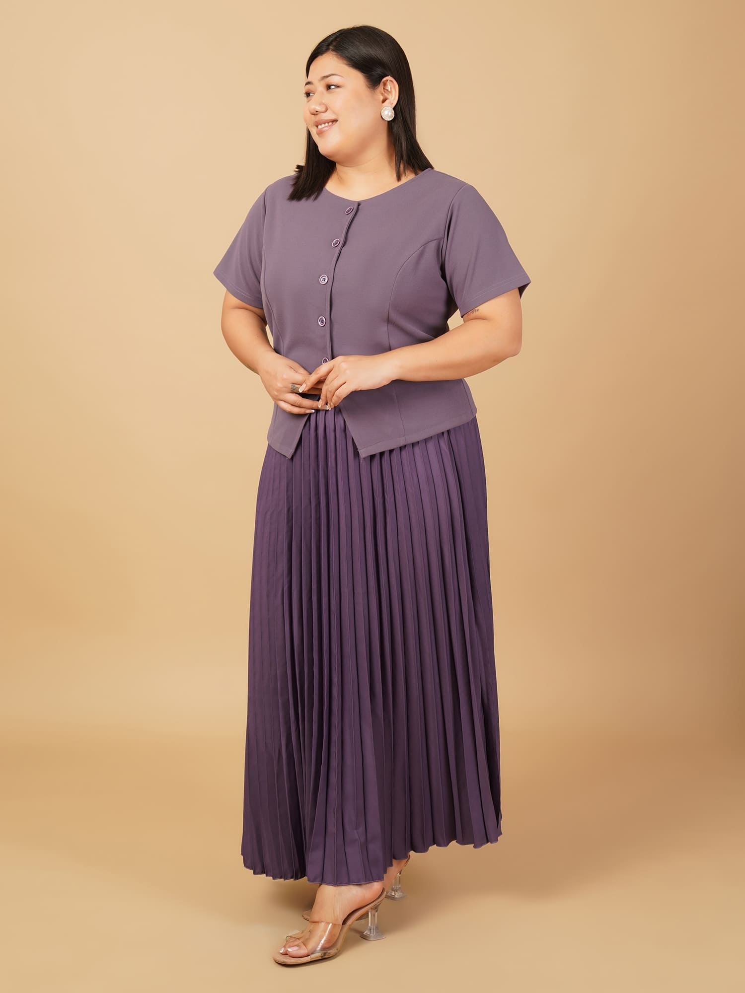 U&F Beyond Plus Size Purple Elegant Pleated Skirt Co-ord Set
