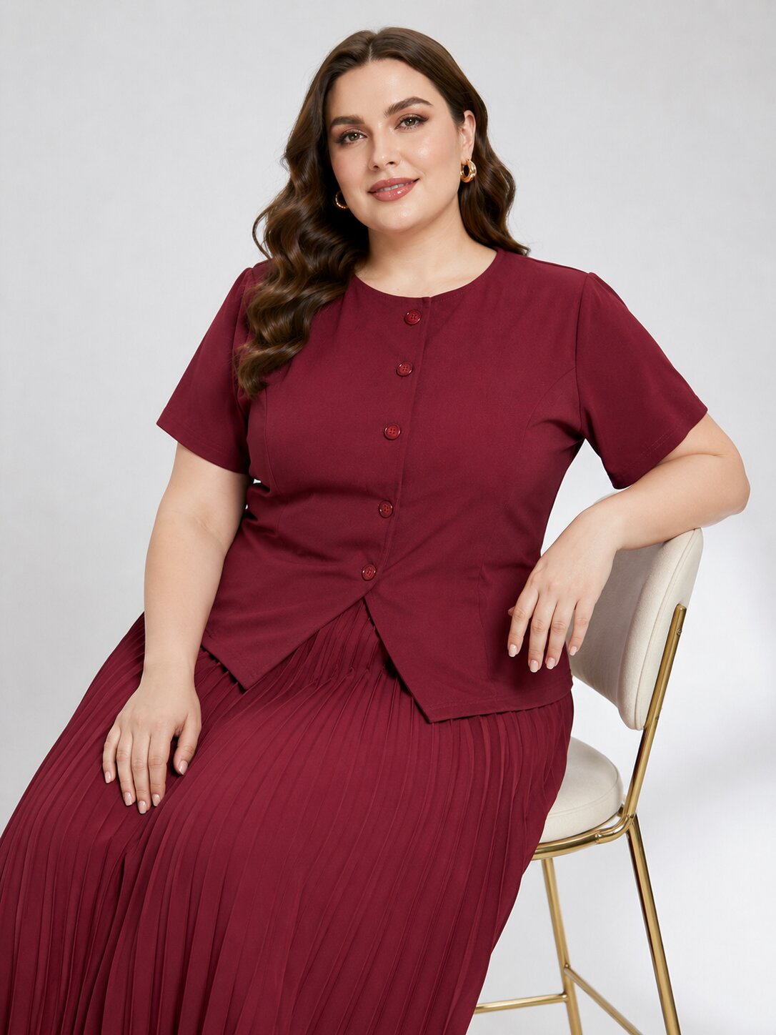 U&F Beyond Plus Size Maroon Sophisticated Pleated Co-ord Set