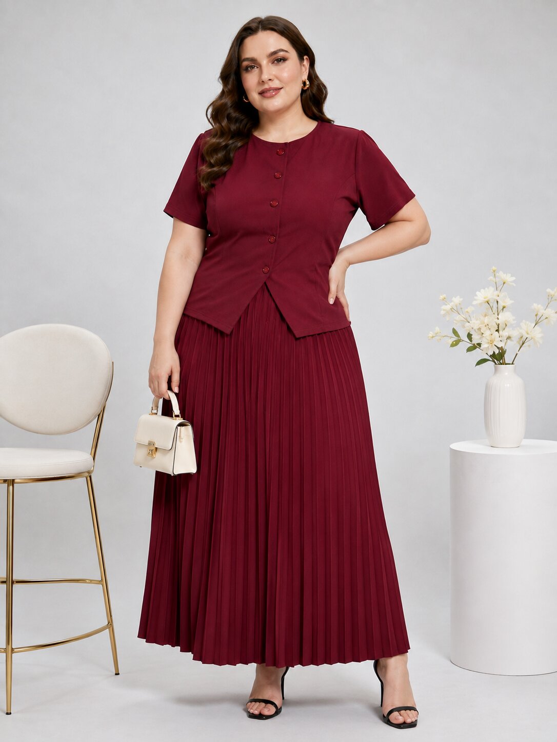 U&F Beyond Plus Size Maroon Sophisticated Pleated Co-ord Set