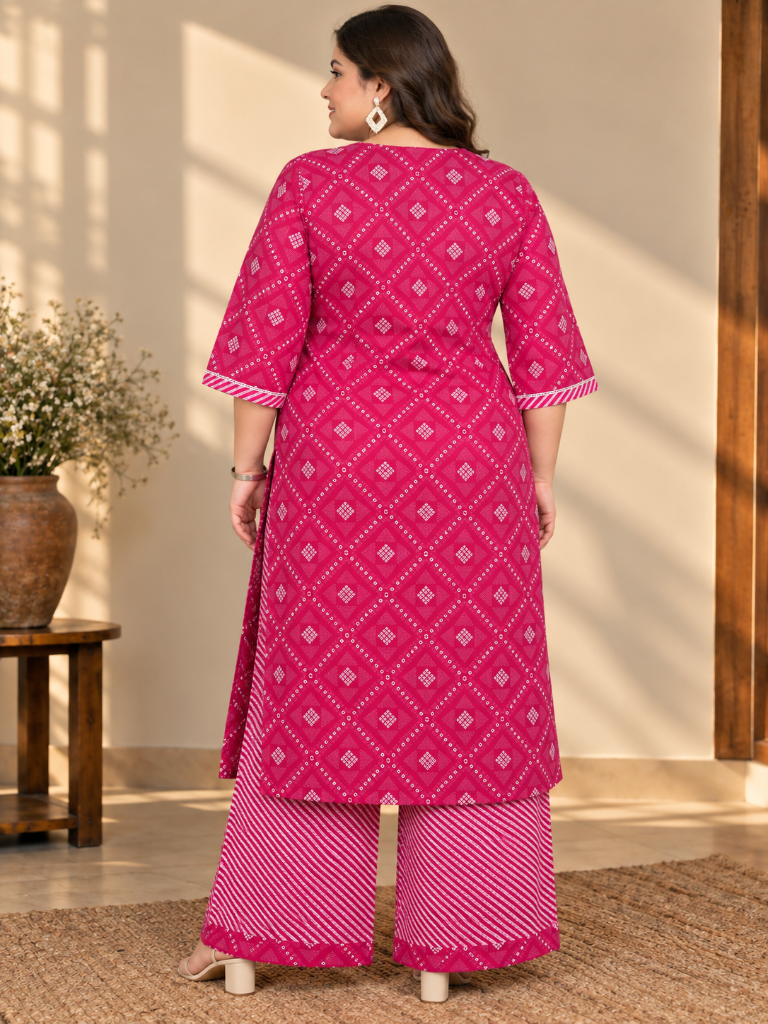 U&F Beyond Plus Size Pink Printed Cotton Kurta Palazzo Set