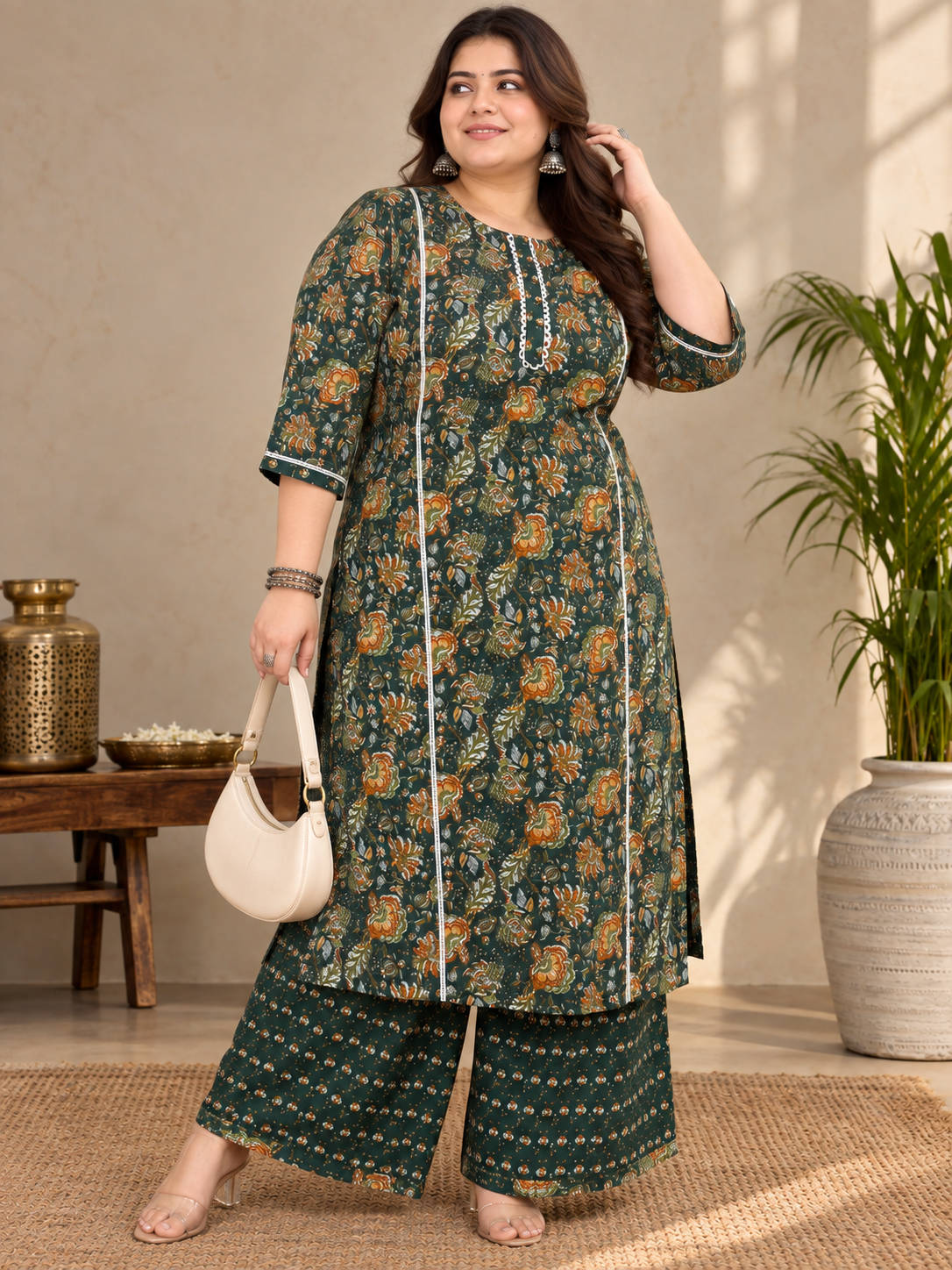 U&F Beyond Plus Size Dark Green Printed Cotton Kurta Palazzo Set