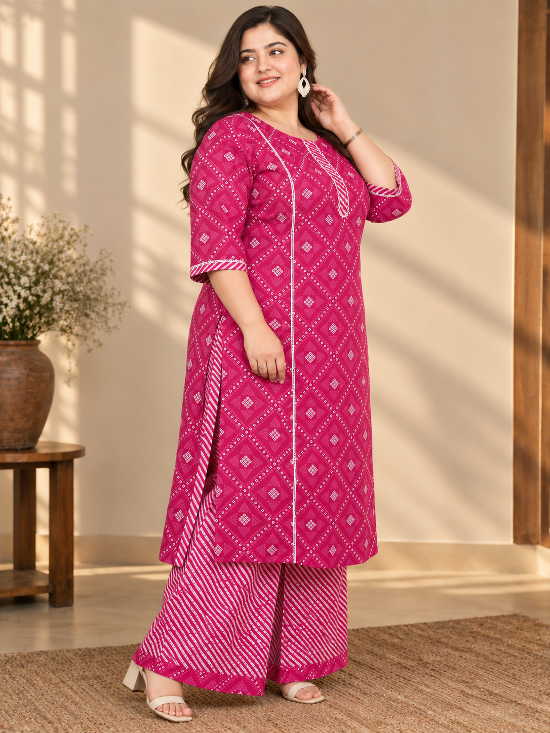 U&F Beyond Plus Size Pink Printed Cotton Kurta Palazzo Set
