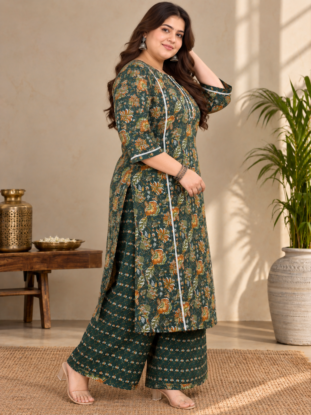 U&F Beyond Plus Size Dark Green Printed Cotton Kurta Palazzo Set