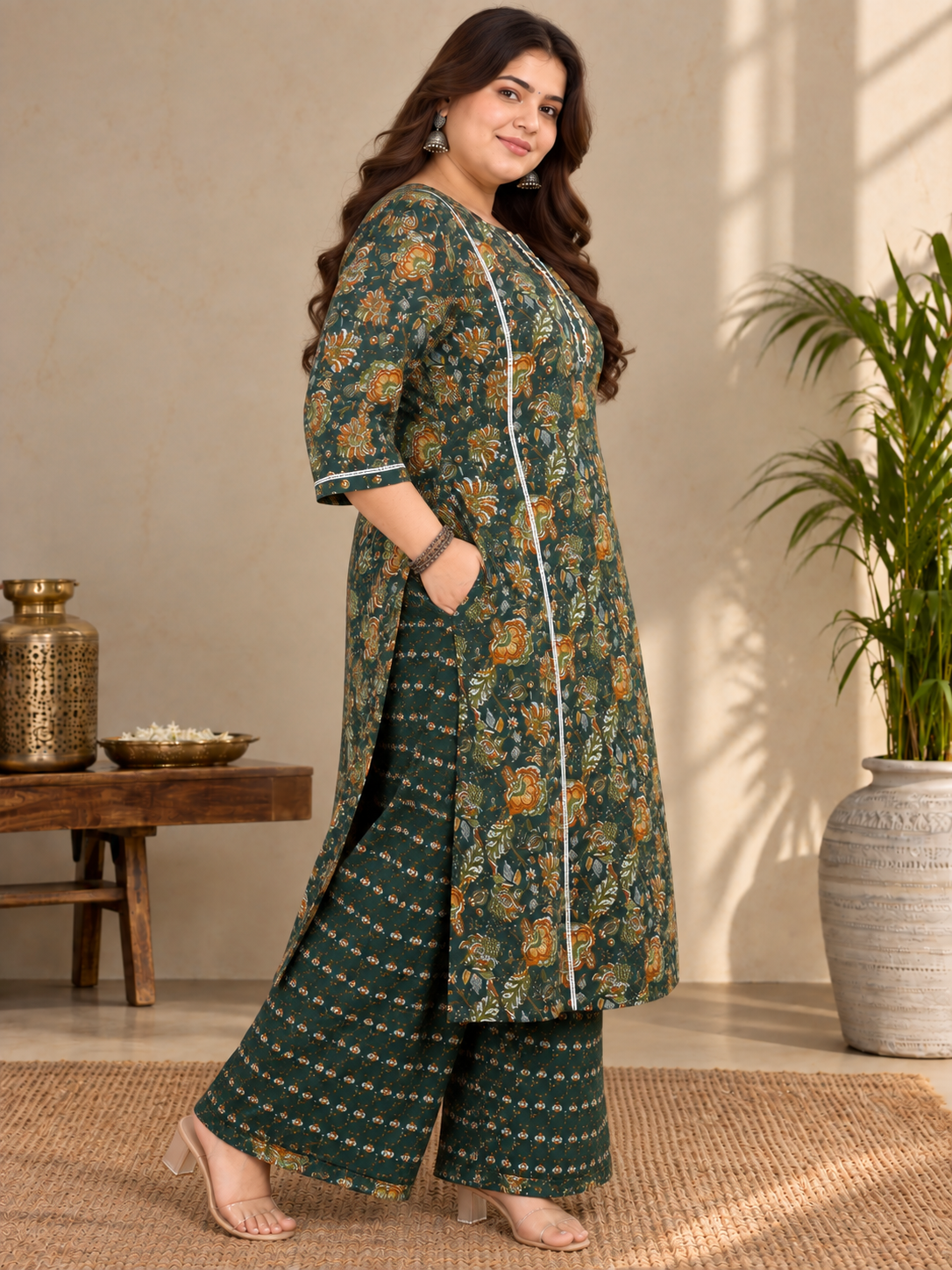 U&F Beyond Plus Size Dark Green Printed Cotton Kurta Palazzo Set