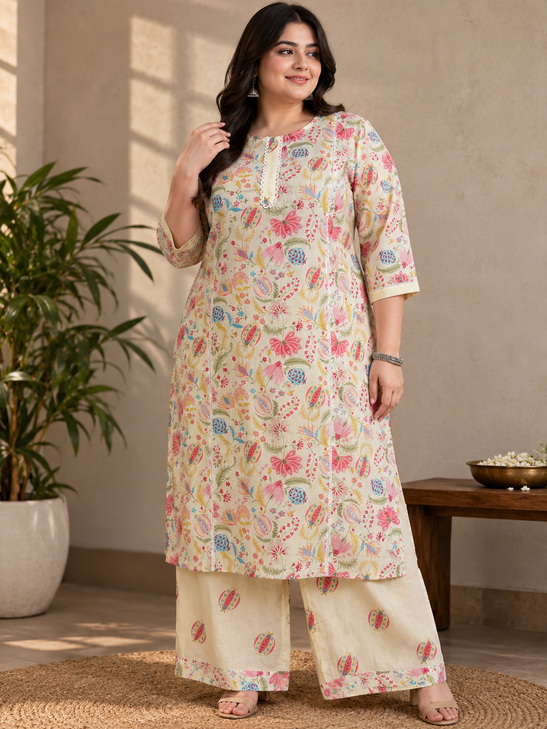 U&F Beyond Women’s Plus Size Multicolor Floral Printed Cotton Kurta Set