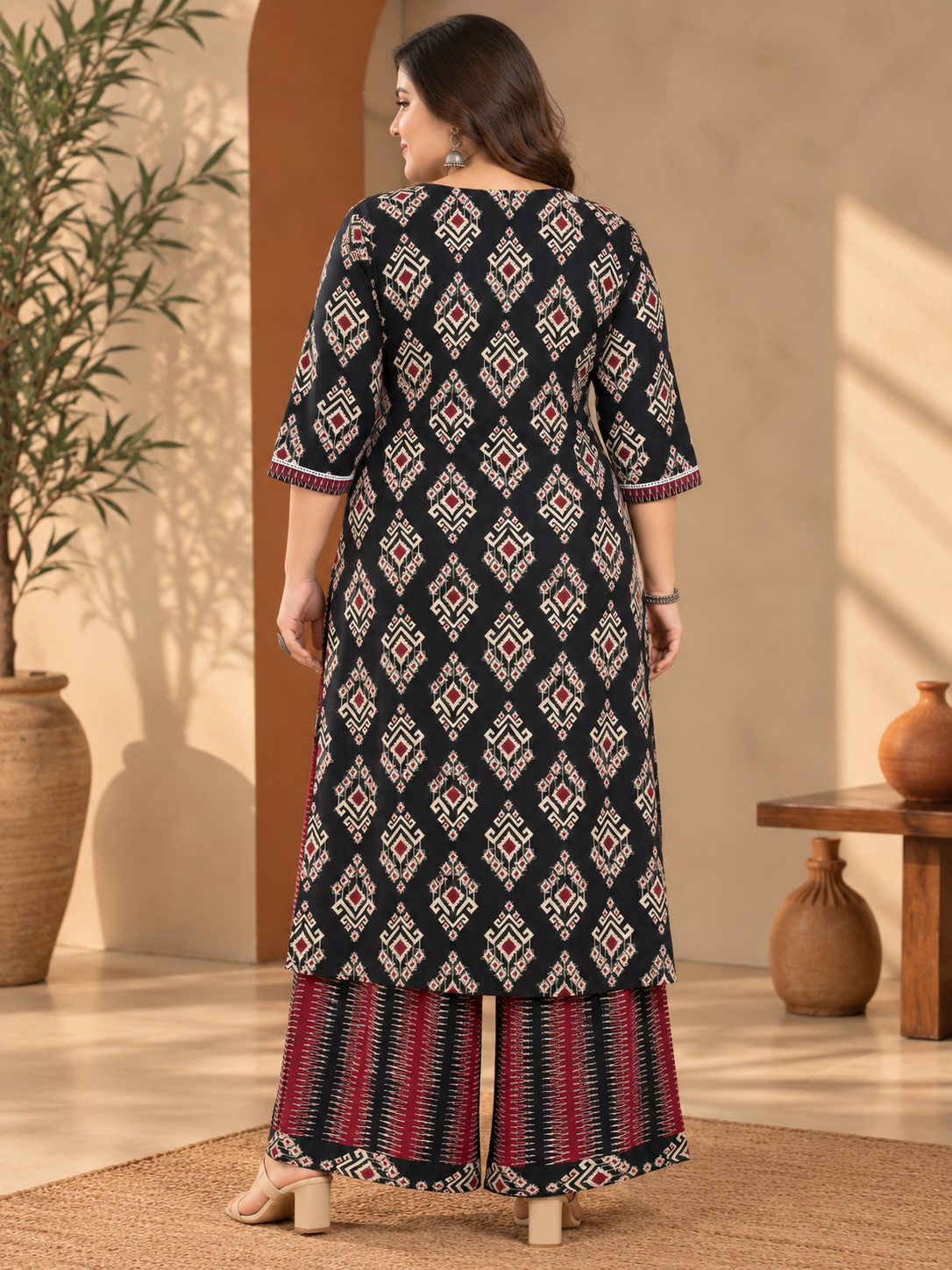 U&F Beyond Plus Size Black & Maroon Ikat Print Cotton Kurta & Wide-Leg Palazzo Set