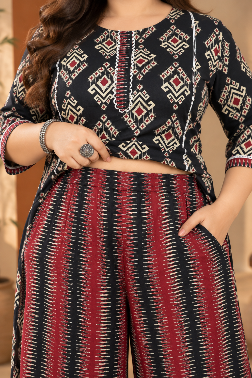 U&F Beyond Plus Size Black & Maroon Ikat Print Cotton Kurta & Wide-Leg Palazzo Set
