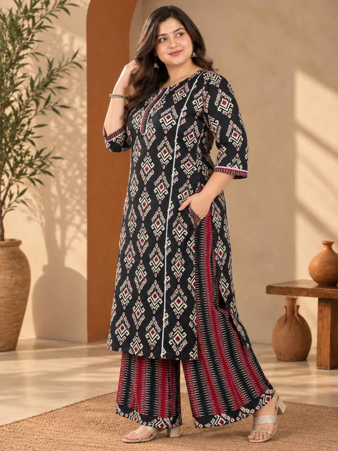 U&F Beyond Plus Size Black & Maroon Ikat Print Cotton Kurta & Wide-Leg Palazzo Set