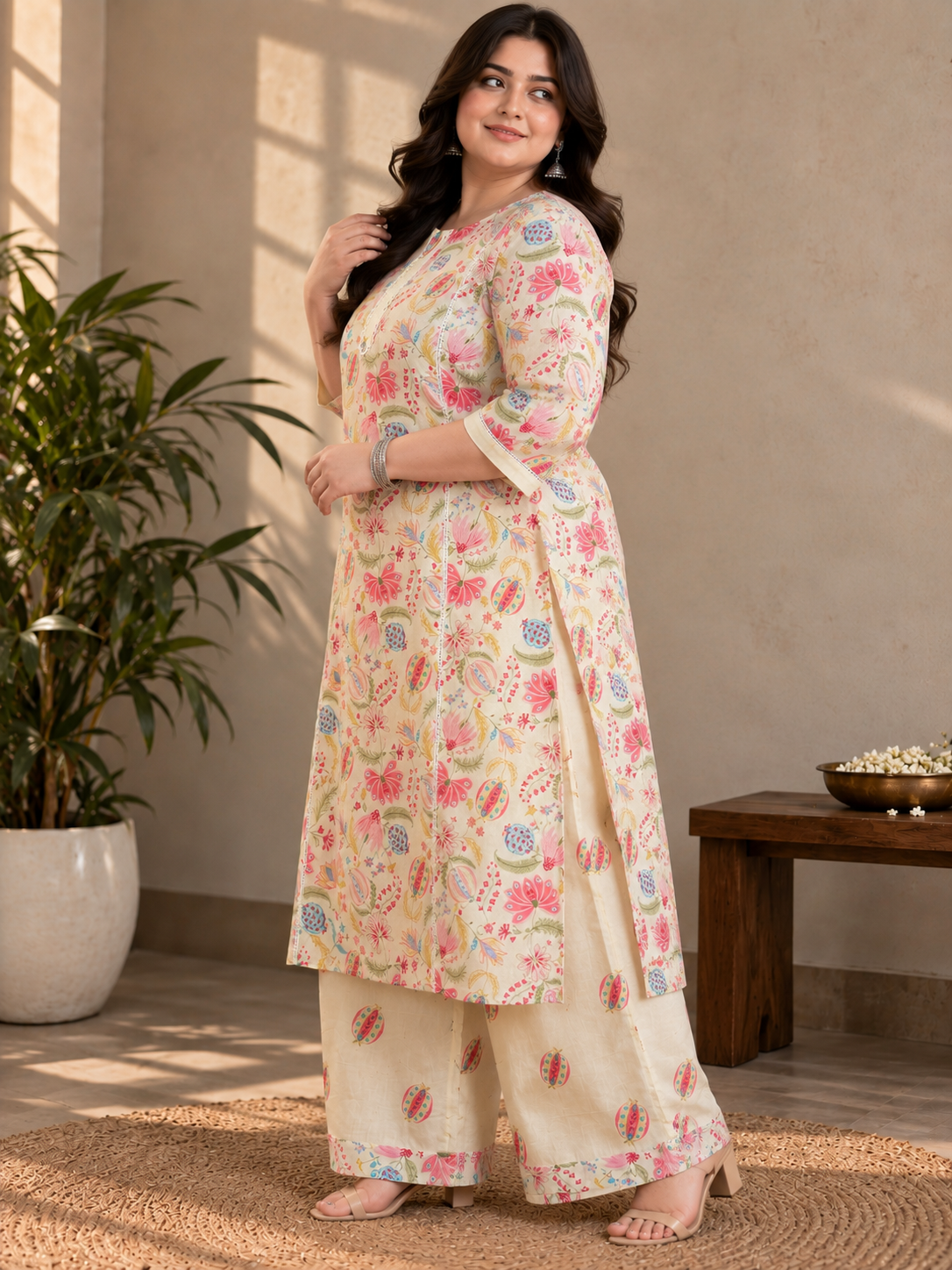 U&F Beyond Women’s Plus Size Multicolor Floral Printed Cotton Kurta Set