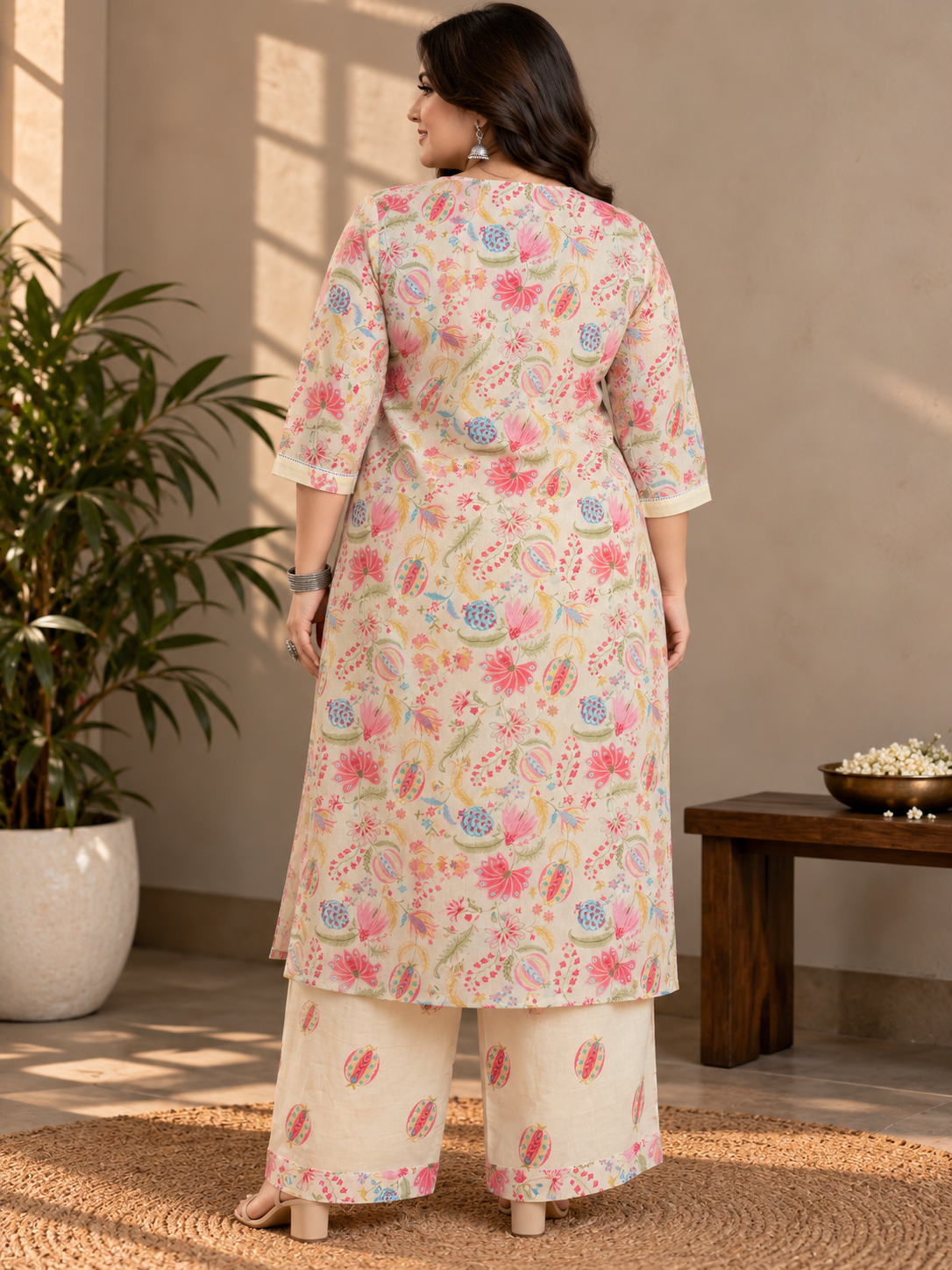 U&F Beyond Women’s Plus Size Multicolor Floral Printed Cotton Kurta Set