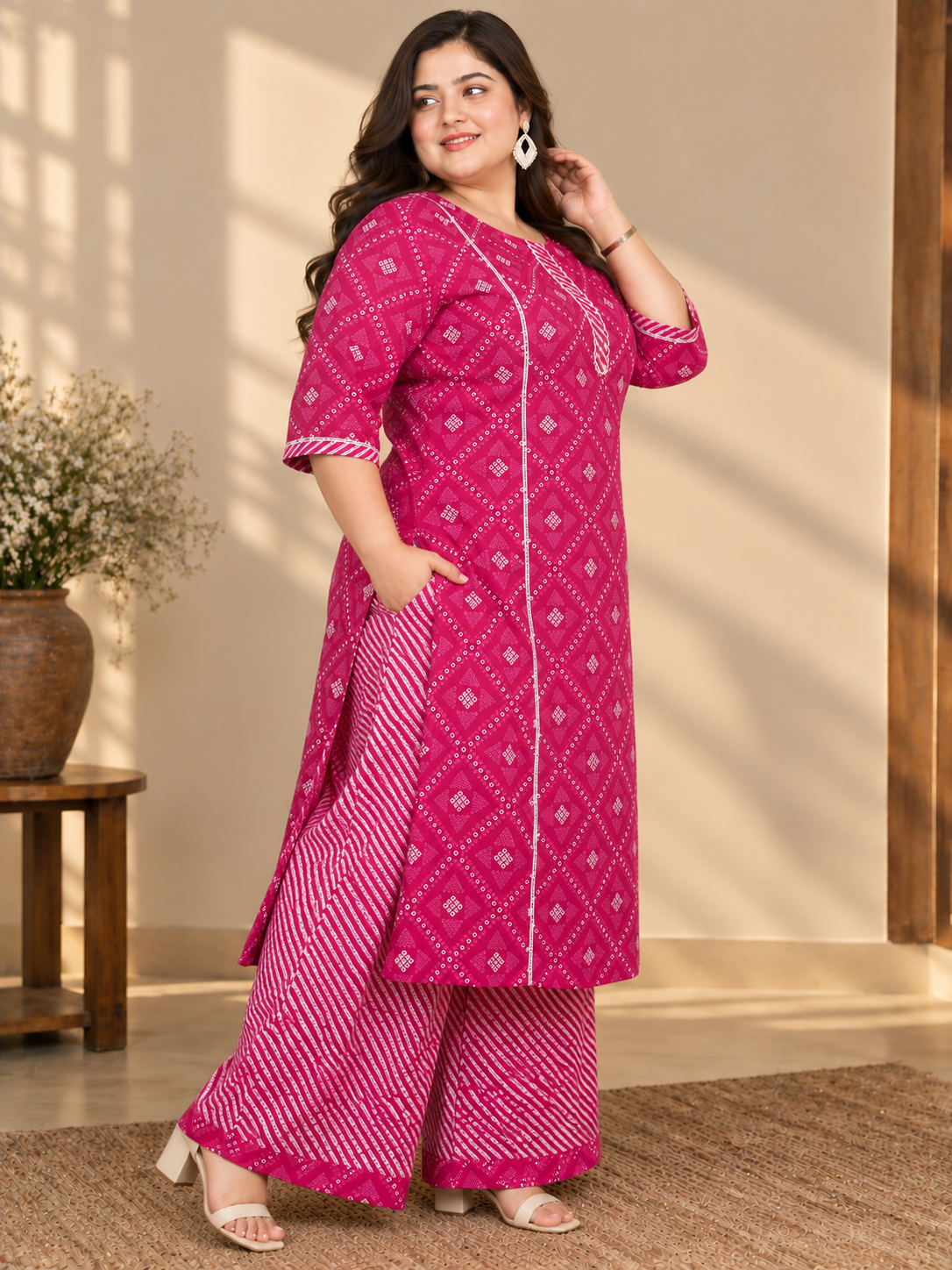 U&F Beyond Plus Size Pink Printed Cotton Kurta Palazzo Set