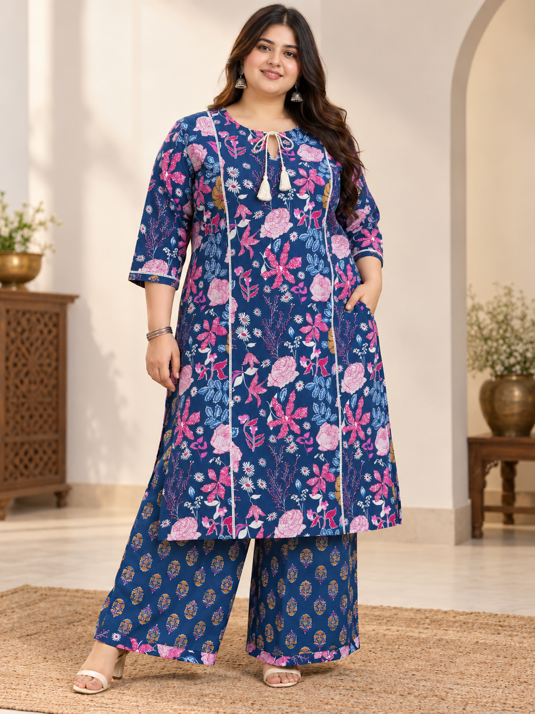 U&F Beyond Women Plus Size Blue Printed Cotton Keyhole Neck Kurta with Printed Palazzo Set