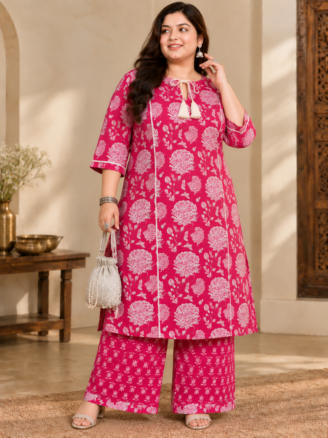 U&F Beyond Women Plus Size Magenta Pink Printed Cotton Keyhole Neck Kurta with Printed Palazzo Set