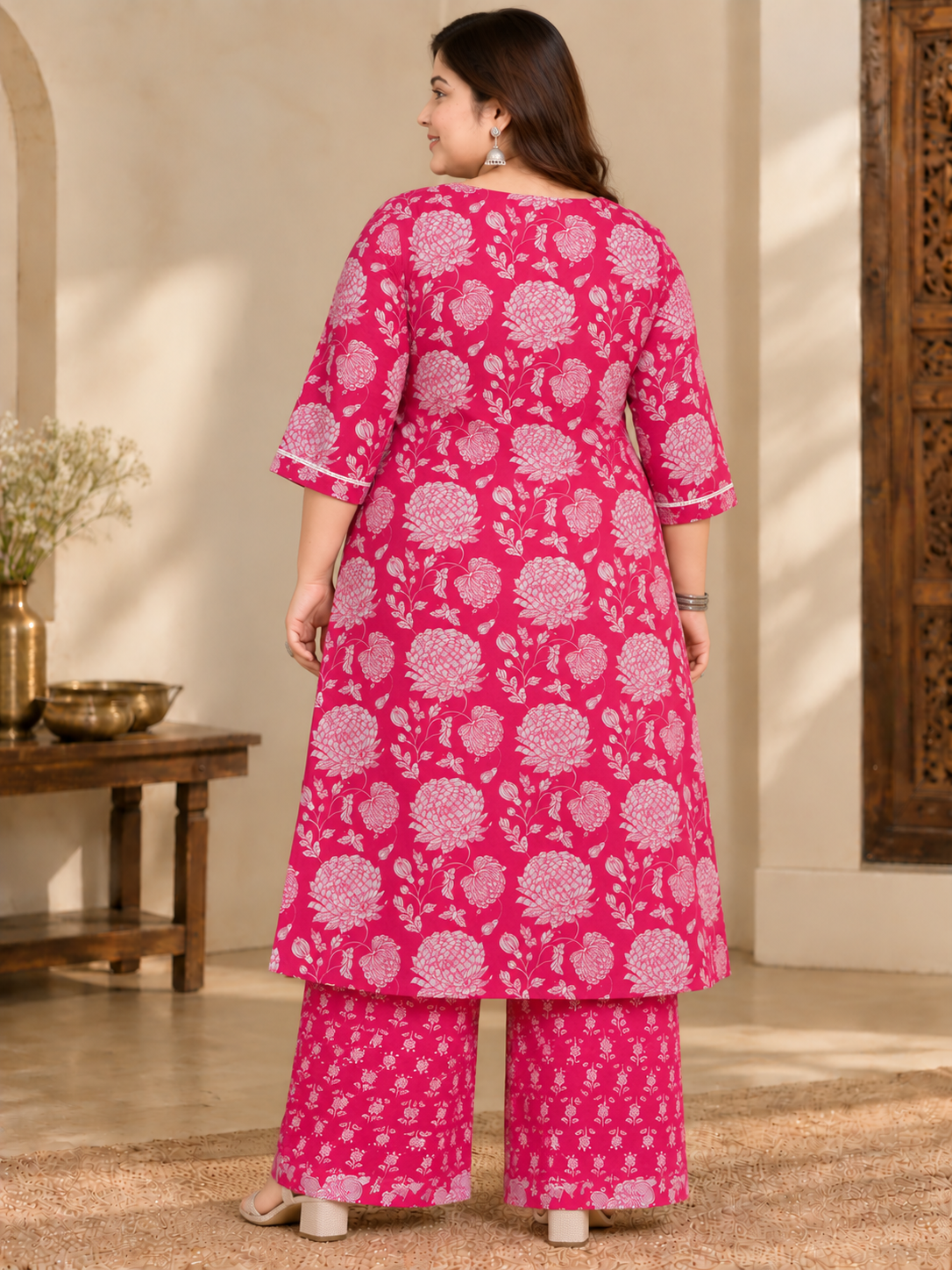 U&F Beyond Women Plus Size Magenta Pink Printed Cotton Keyhole Neck Kurta with Printed Palazzo Set