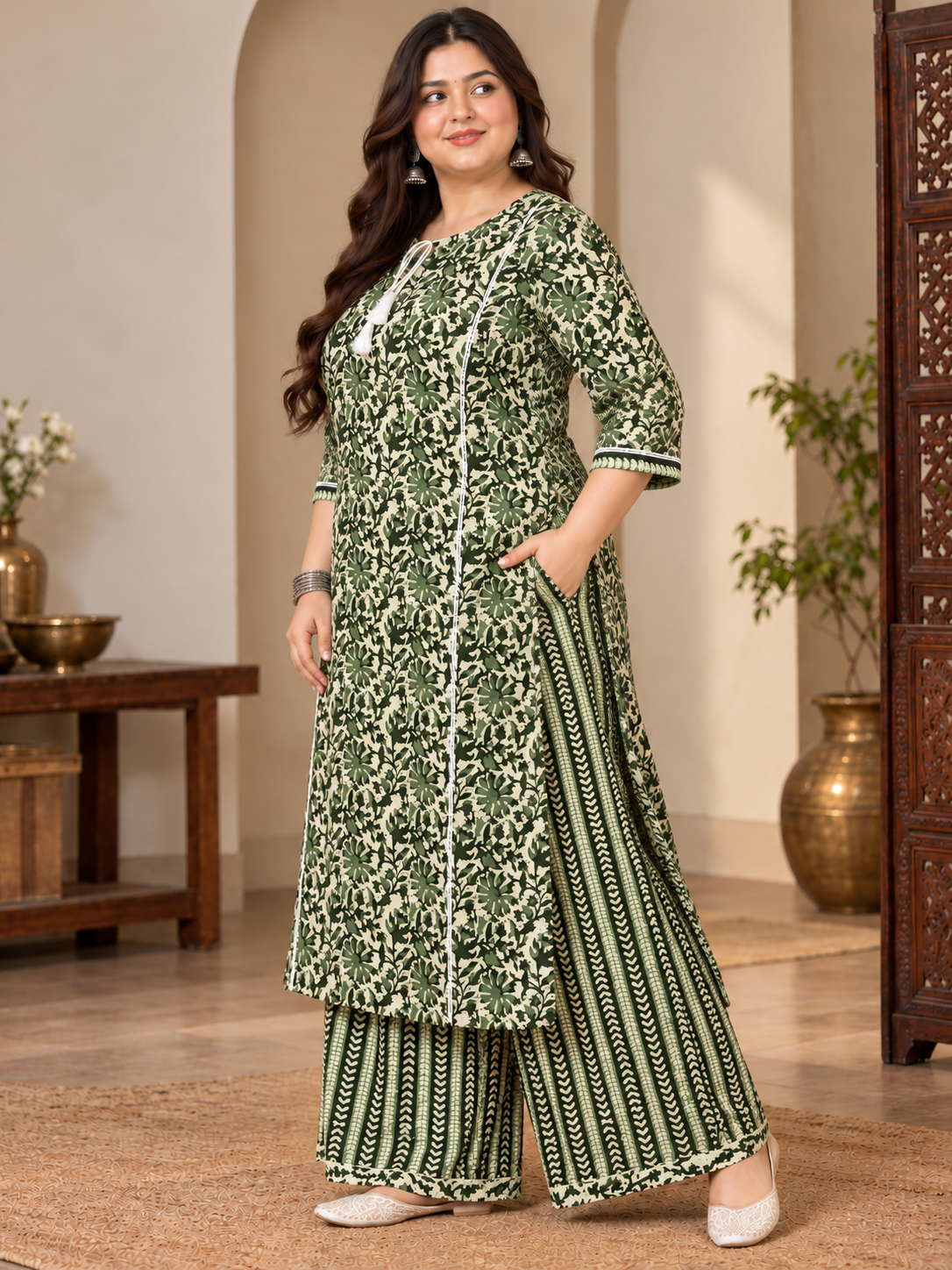 U&F Beyond Plus Size Green Floral Cotton Straight Kurta & Wide-Leg Palazzo Set