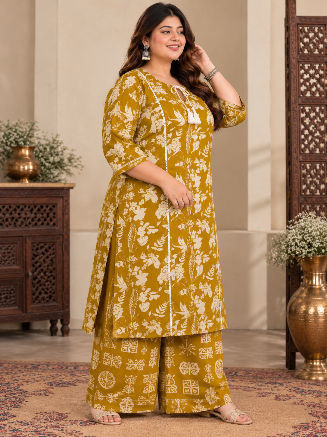 U&F Beyond Women Plus Size Mustard Yellow Printed Cotton Keyhole Neck Kurta with Printed Palazzo Set