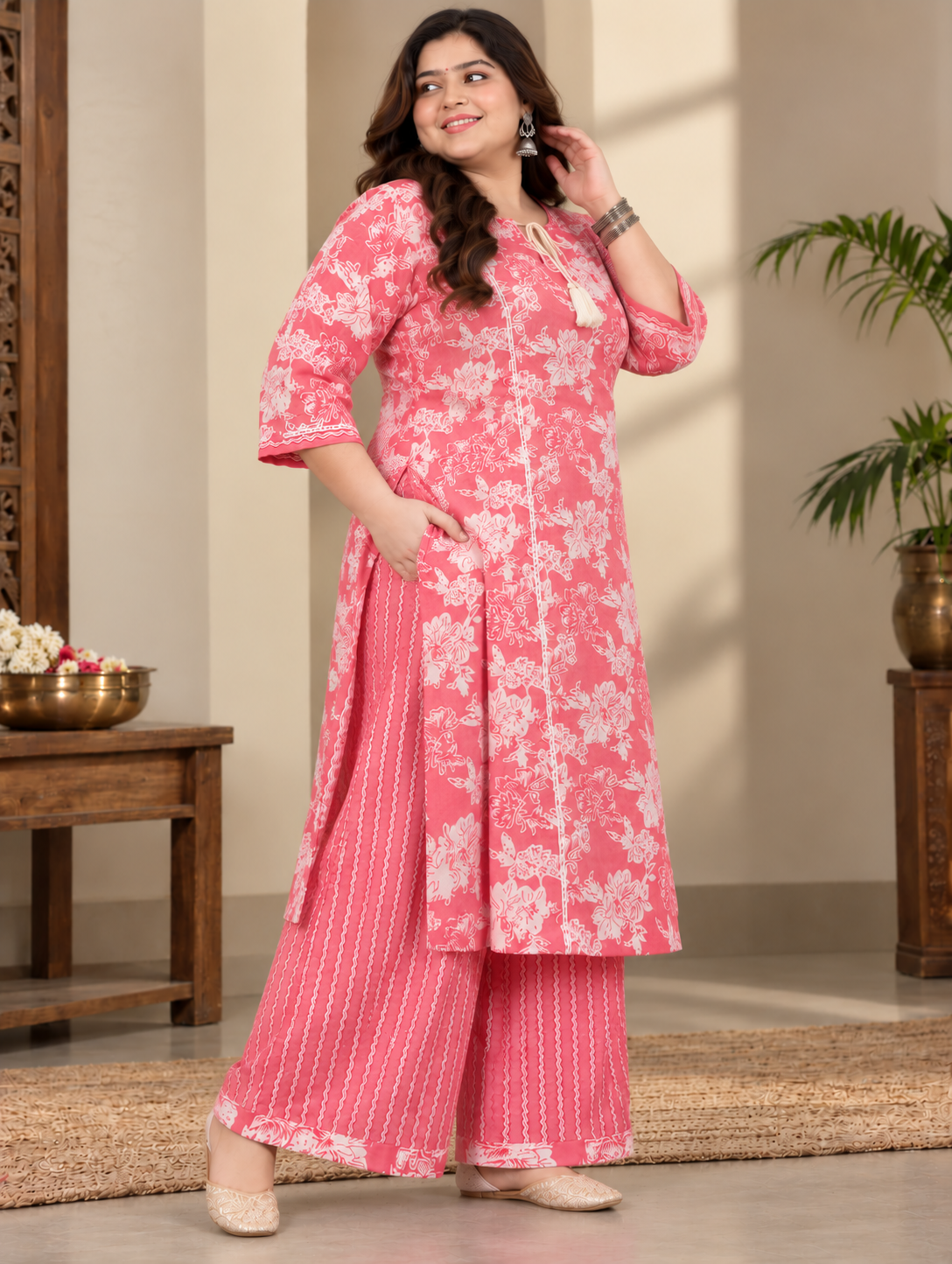 U&F Beyond Women Plus Size Pink Printed Cotton Keyhole Neck Kurta with Printed Palazzo Set