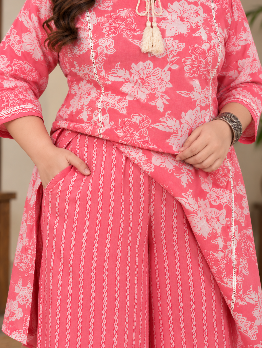 U&F Beyond Women Plus Size Pink Printed Cotton Keyhole Neck Kurta with Printed Palazzo Set