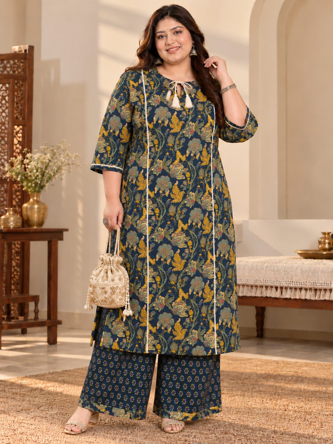 U&F Beyond Women Plus Size Navy Blue Printed Cotton Keyhole Neck Kurta with Printed Palazzo Set